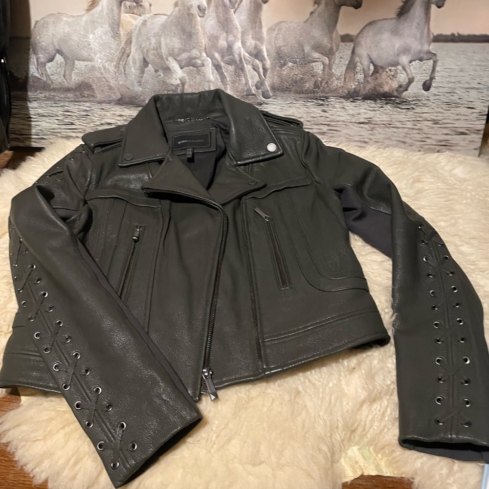 BCBGMaxAzria thick green leather jacket